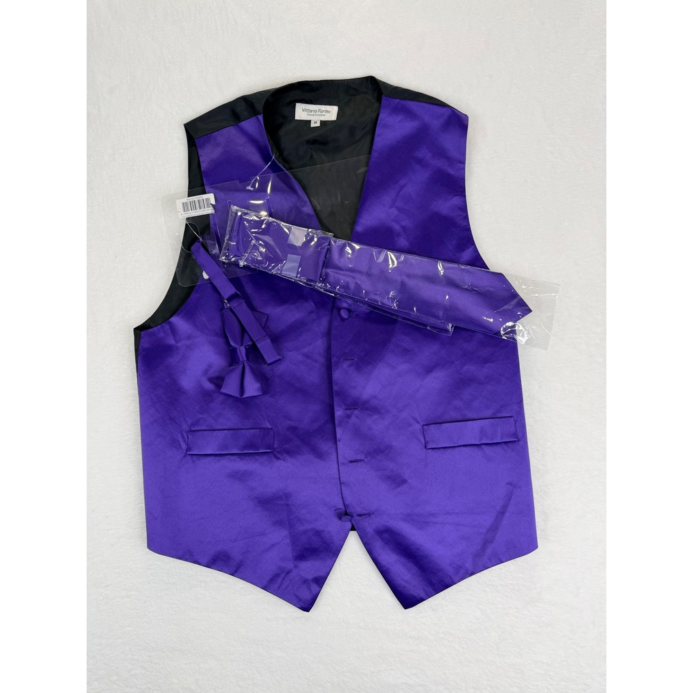 Vittorio Farina Mens Purple Satin Vest Set Bow Tie Necktie‎ Formal Size Medium